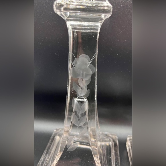 two Antique/Vintage Etched Glass Candlesticks Crystal 8” - Picture 2 of 2